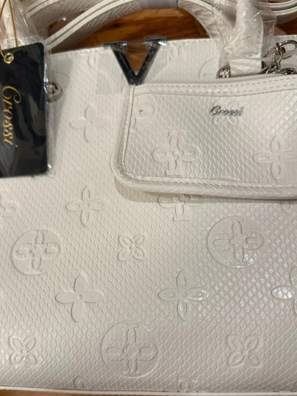 CROSSI Satchel White Logos Top Handle Zip Bag Detach Strap White 12”x9” NWT